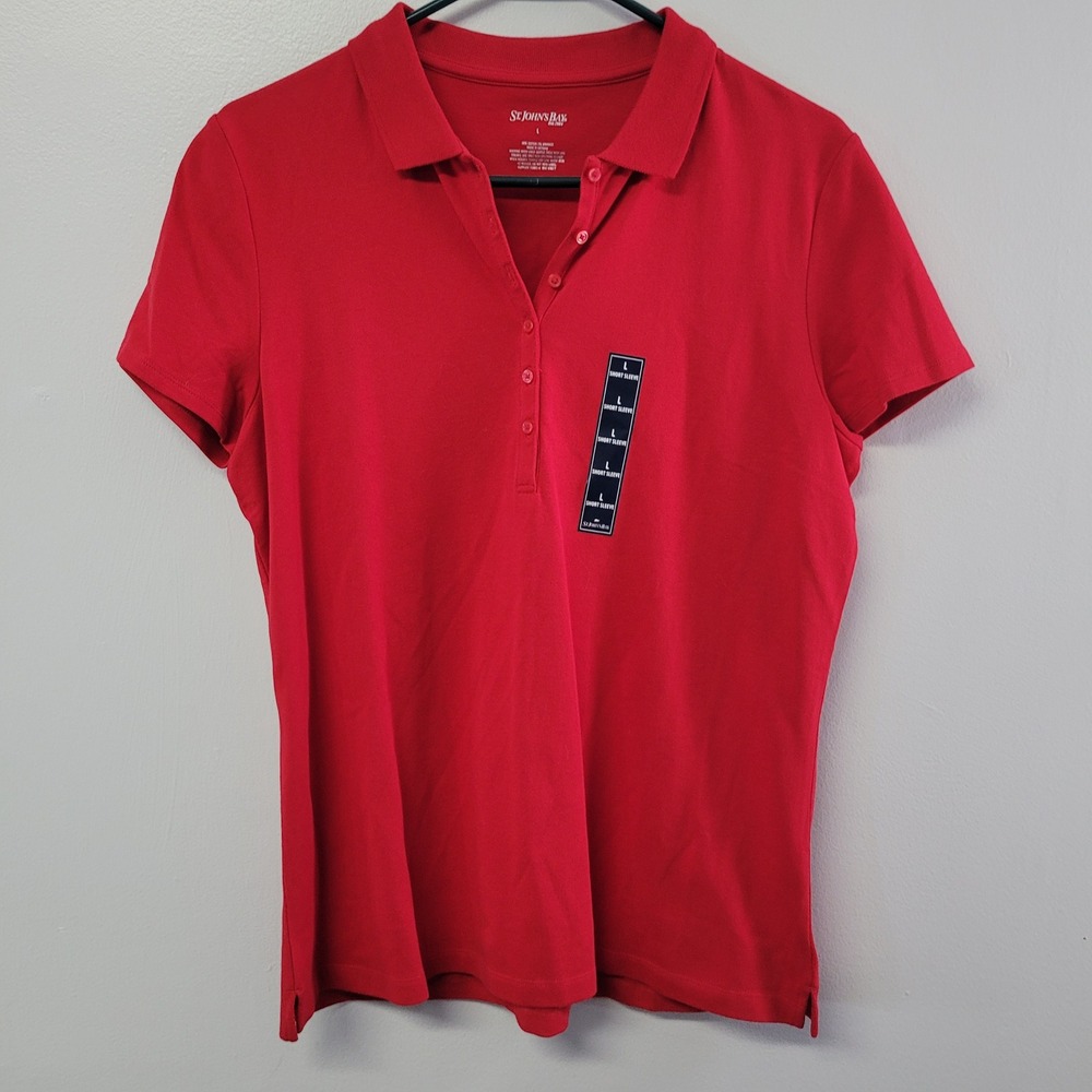 St Johns Bay Womens Red Short Sleeve Polo Shirt Size L NWT